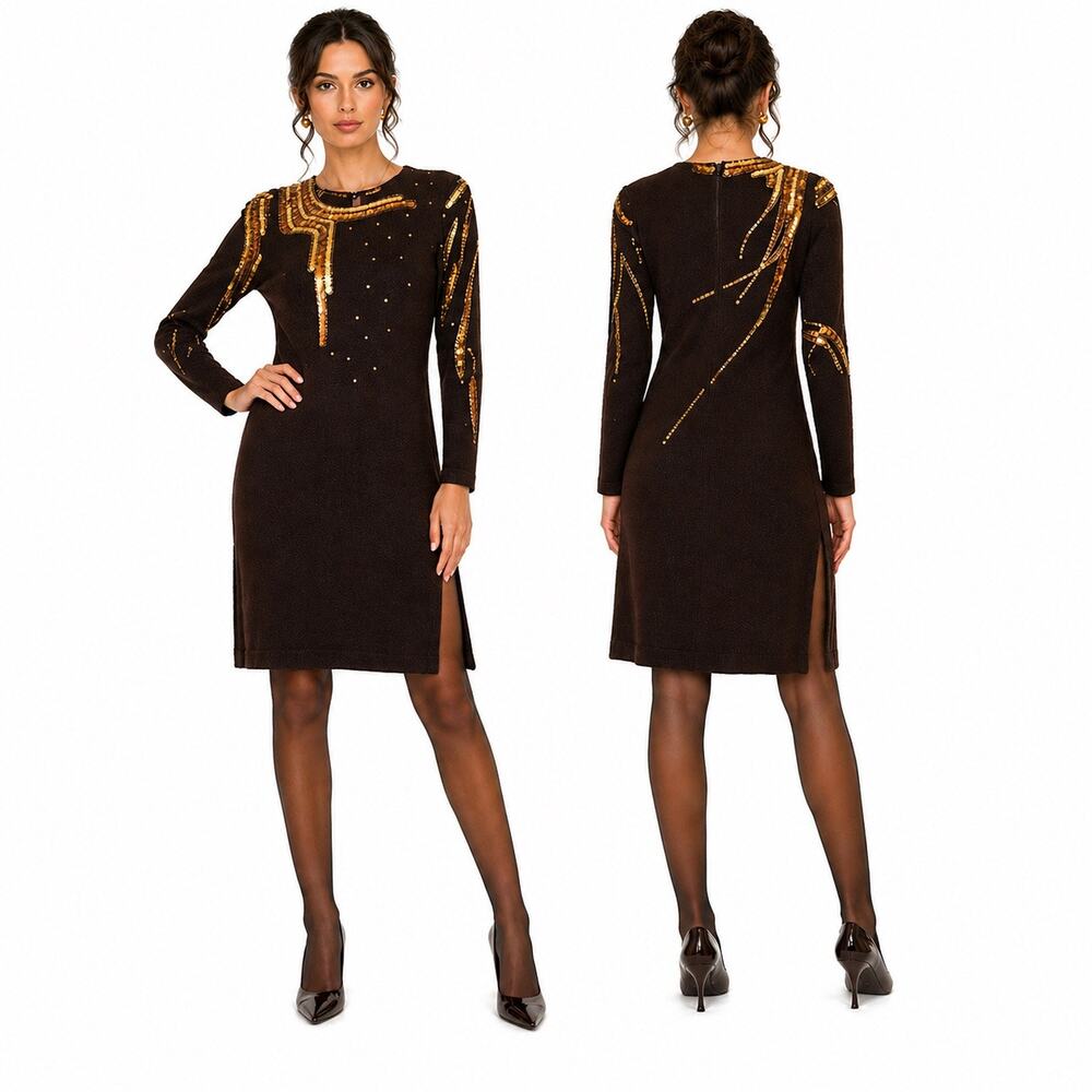 Vintage 1980s Adolfo Knit Dress Wool Beaded Brown Gold XS